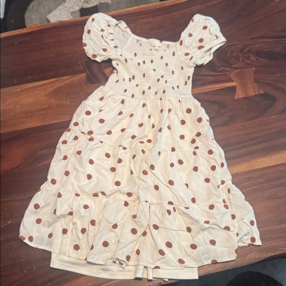 GB Girls White and Brown Polka Dot Dress